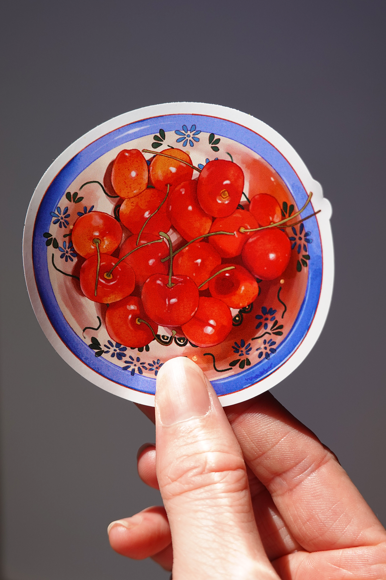 Cherry bowl vinyl sticker featuring bright red cherries in a floral blue and white dish, illustrated in a warm, painterly style — held in hand against a neutral background, food-themed aesthetic die-cut sticker for journaling, laptops, or water bottles
