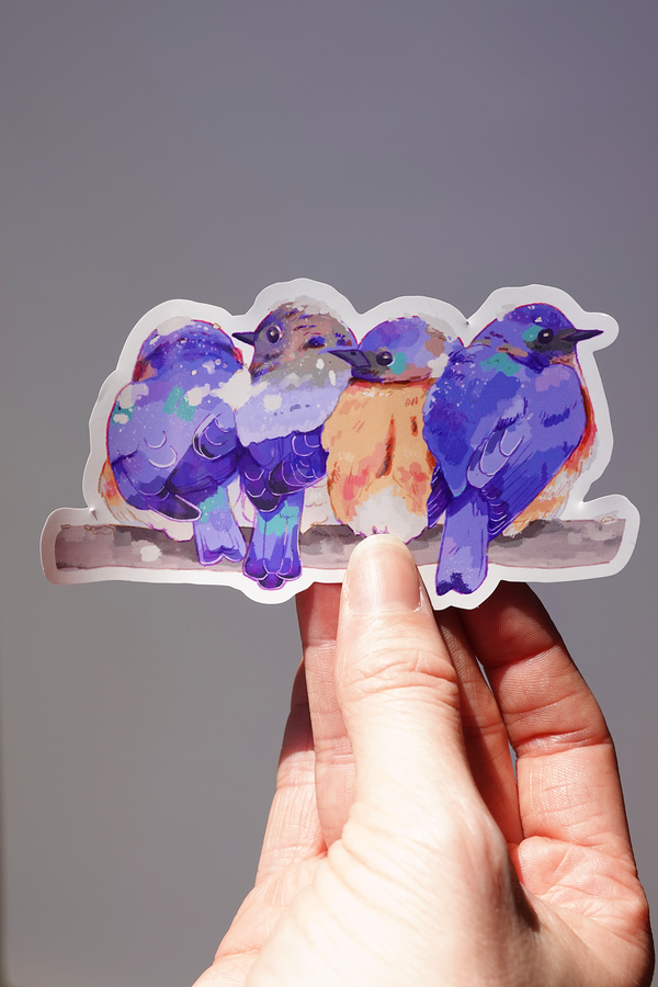 Bluebird vinyl sticker featuring four plump, colorful birds perched closely on a branch, illustrated in vibrant shades of blue, purple, and orange — held in hand against a neutral background, cute nature-inspired die-cut sticker for journaling, laptops, or water bottles