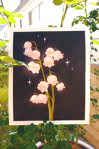 Lily of the valley fine art print with hidden bunnies and soft pastel sparkles on a black background, displayed outdoors among garden rose stems in natural sunlight — whimsical botanical illustration perfect for wall decor, cottagecore rooms, or nature lovers