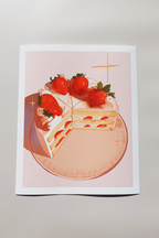 Art print of a strawberry shortcake illustration with layers of sponge, cream, and whole strawberries on a soft pink background — printed on textured fine art paper and photographed in bright natural light